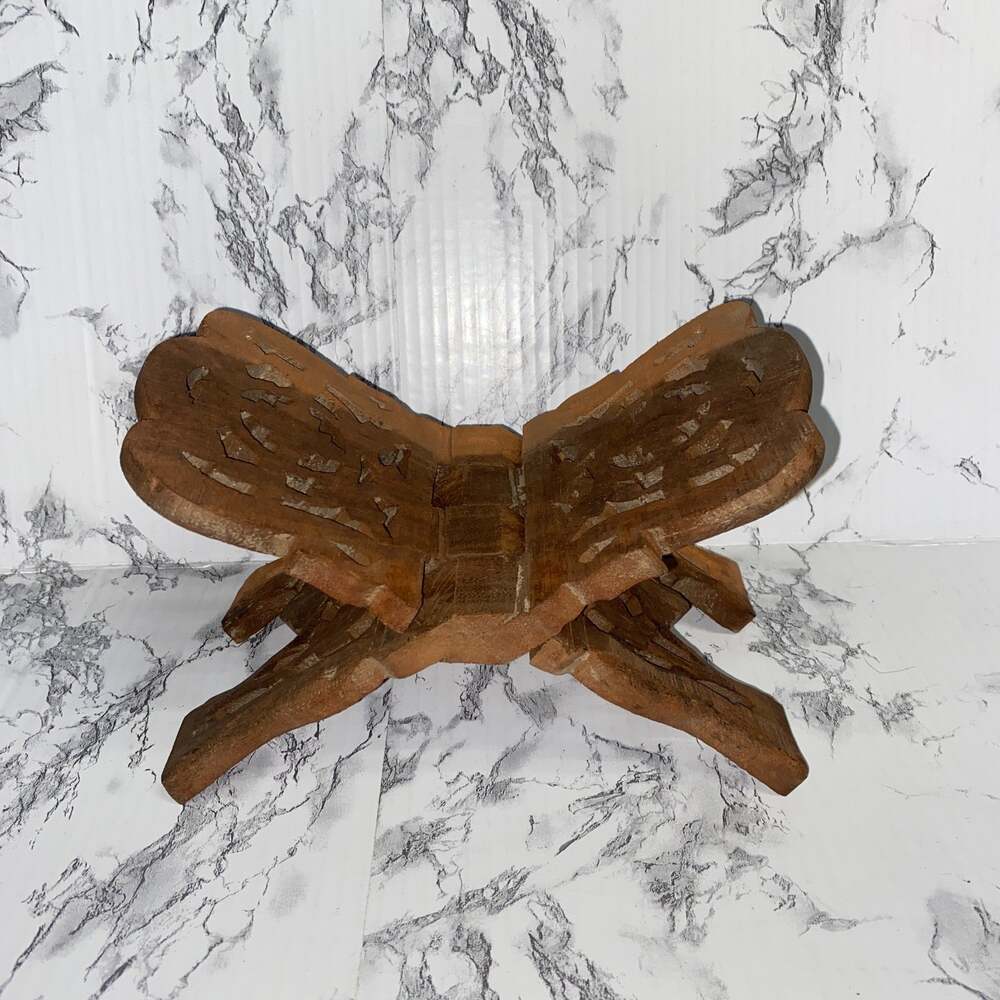 Vintage Hand Carved Pierced Wooden Folding Book Holder Bible Display Stand